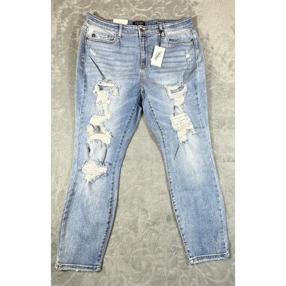 Judy Blue Boyfriend Fit Mid Rise Frayed Jeans Medium Wash Ripped 15/32 Boho New